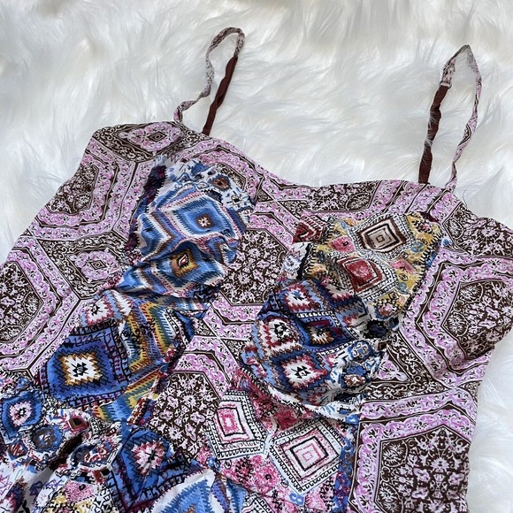 Hem & Thread Boho Mini Dress Smocked Back Size Large Lined Paisley Sundress - Picture 4 of 14